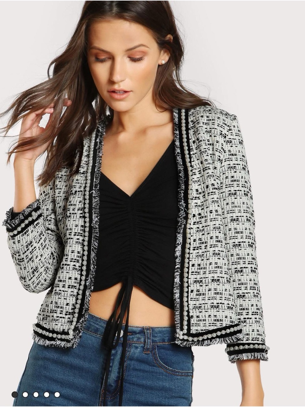 SHEIN Black & White Bouclé Fringe-Trim Open Blazer